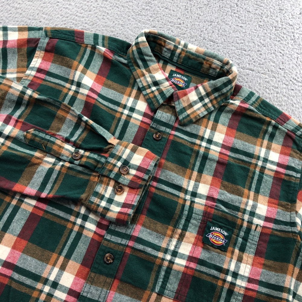 Dickies x Jameson Shirt Mens Large Green Flannel Plaid Long Sleeve Button Up